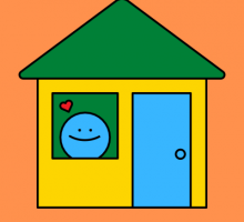 Image of a yellow cartoon one-story home with a blue smiling face in the window.