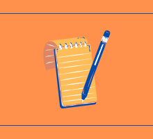 Orange background with three yellow notepad graphics.