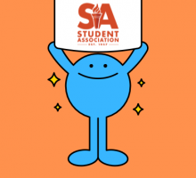 Blue cartoon person holding a banner with the Student Association logo.